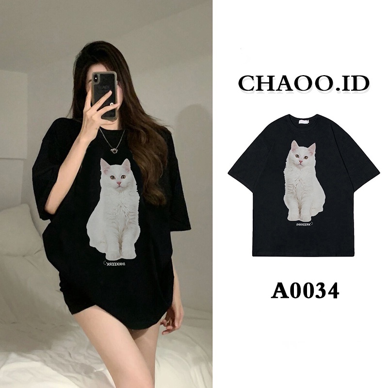 Jual Korean Style Cat Kaos Putih Atasan Wanita Lengan Pendek Oversize