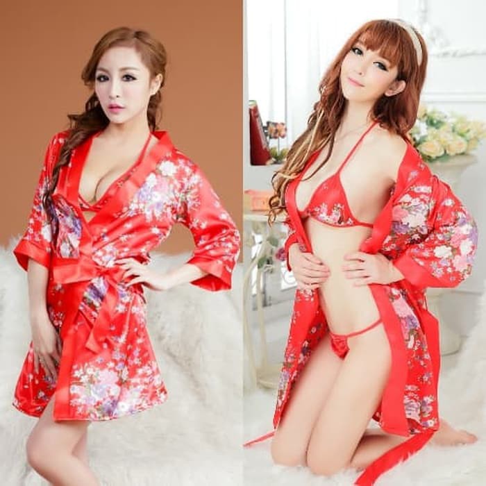Sexy Kimono Lingerie Seksi Three Point Bra Set Kimono Outer CD Bra Seksi Murah