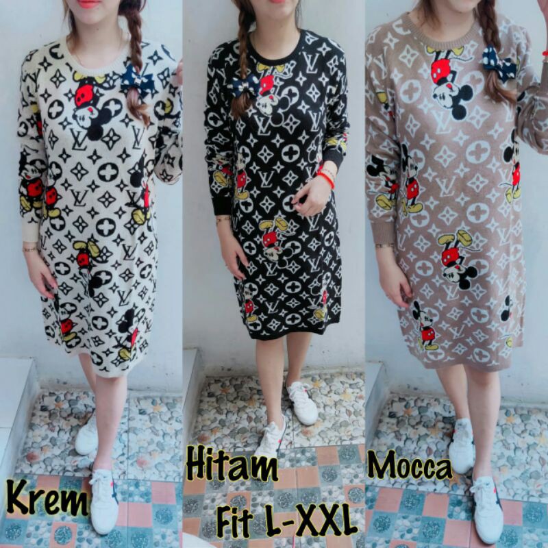 Linyolshop Dress rajut mickey lv/dres rajut import/tunik rajut fashion