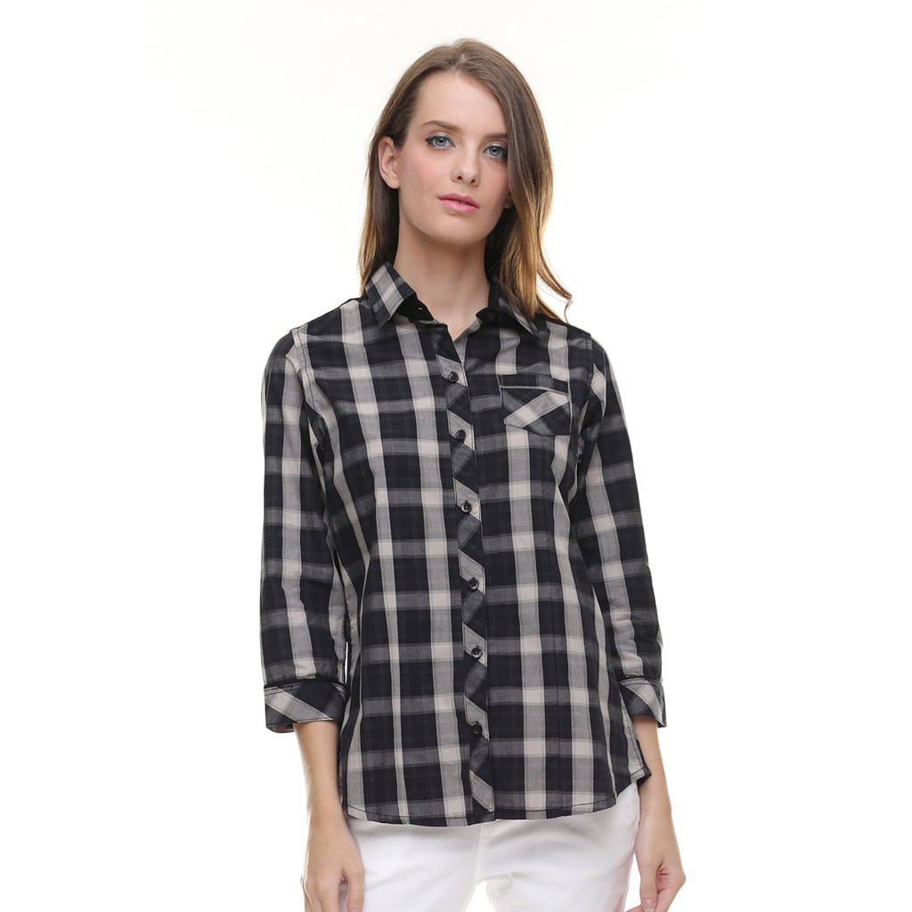LGS - Regular Fit - Kemeja Wanita - Motif Kotak - Lengan Gantung - Hitam - LSH.380.E1337L.566