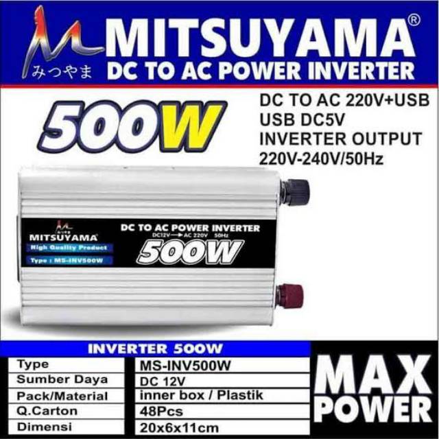 Power Inverter DC to AC 500 Watt 500 Wat Merk Mitsuyama MS-INV500W