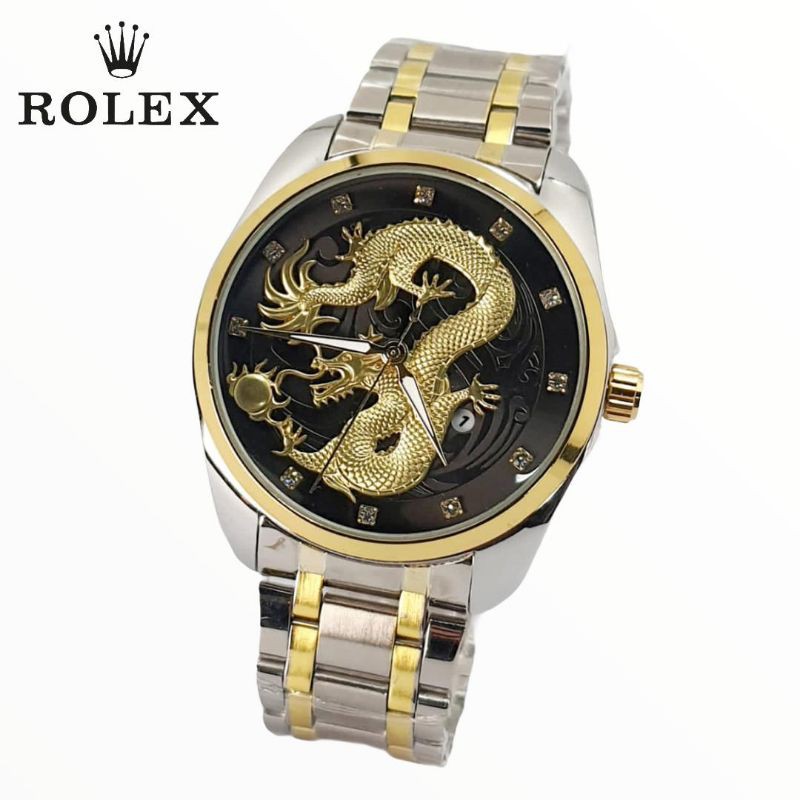 Jam Tangan Fashion Pria / Cowok Rolex Dragon Naga Tanggal Aktif Rantai Stainless Steel