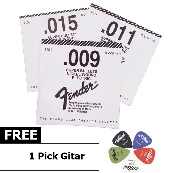 senar gitar listrik &amp; akustik fender 009, 011, 015 nomor 1.2.3 free pickgitar