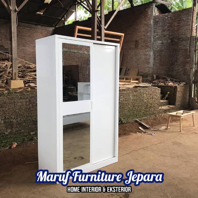 Lemari Baju / Pakaian Kayu Minimalis 2 Pintu + Kaca Sliding / Geser
