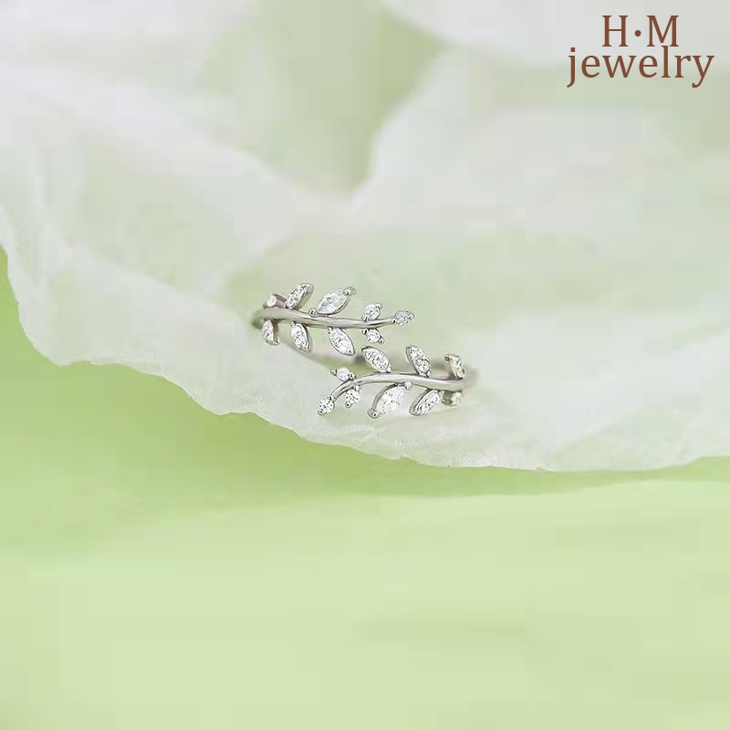 Cincin Model Terbuka Desain Cabang Daun Bahan S925 Silver Aksen Berlian