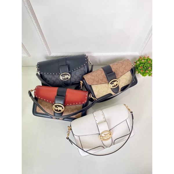 Tas Kulit Selempang Wanita Ch Leather Studs Slingbag Premium Import, Hitam Black Putih Gading White 