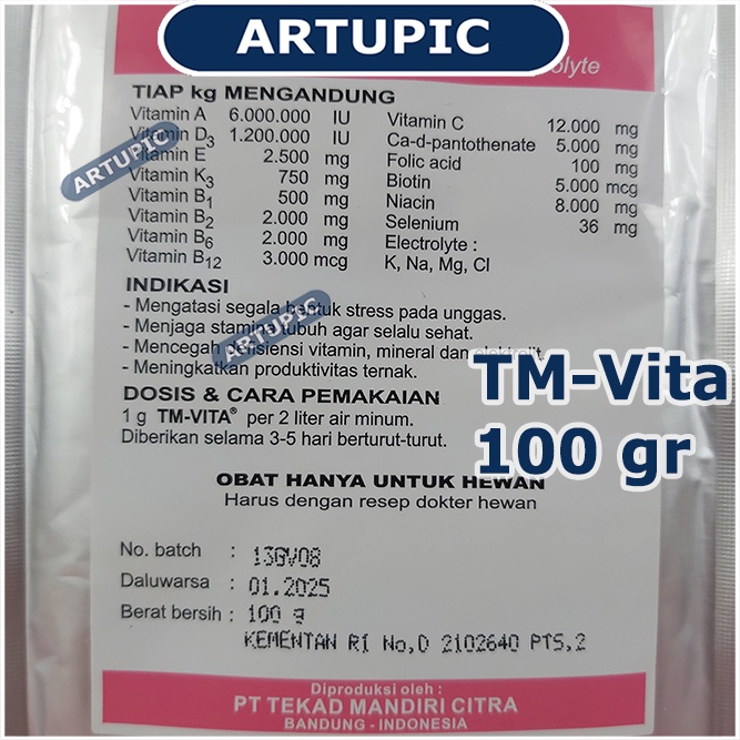 TM-Vita 100 gr Elektrolit Multivitamin Mineral Anti Stres Unggas Ayam Meningkatkan Produksi Ternak Menjaga Stamina Menjaga Fungsi Pankreas Hewan Ternak Ayam