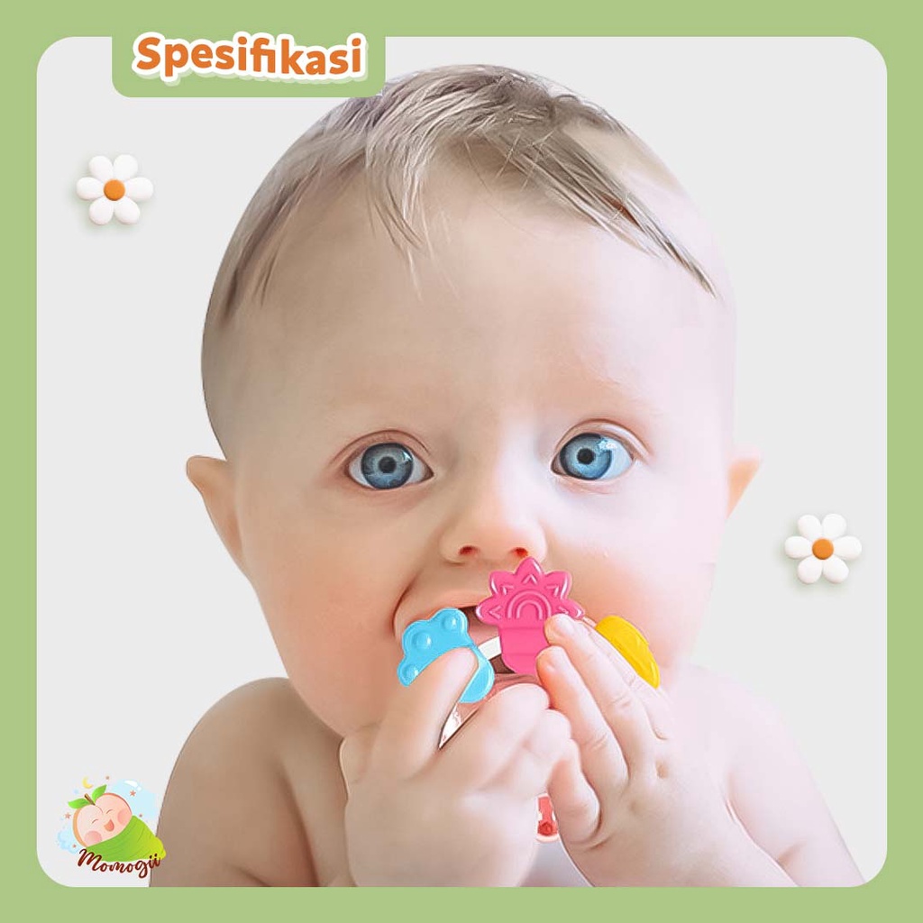 MOMOGII Mainan Gigitan Bayi Teether Berbentuk Sangkar dan Gelang Bisa Jadi Rattle