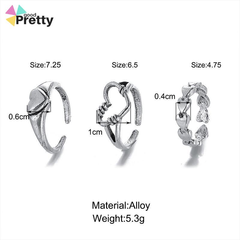 3pcs Cincin set korea Model Terbuka Desain Gelombang Hati Warna Silver Gaya Vintage Untuk Wanita - PD