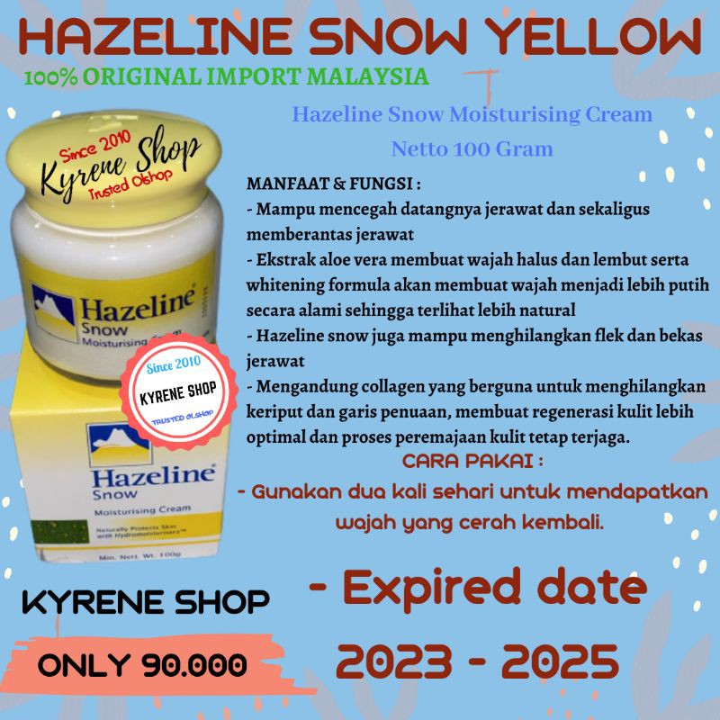 100% ORIGINAL HAZELINE SNOW MOISTURISING CREAM YELLOW 100GRAM MADE IN MALAYSIA