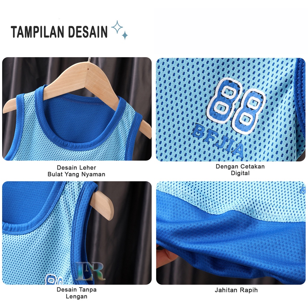 SETELAN BAJU ANAK KAOS BASKET JERSEY BAJU DAN CELANA OLAHRAGA TANPA LENGAN BAJU BAYI PREMIUM QUALITY