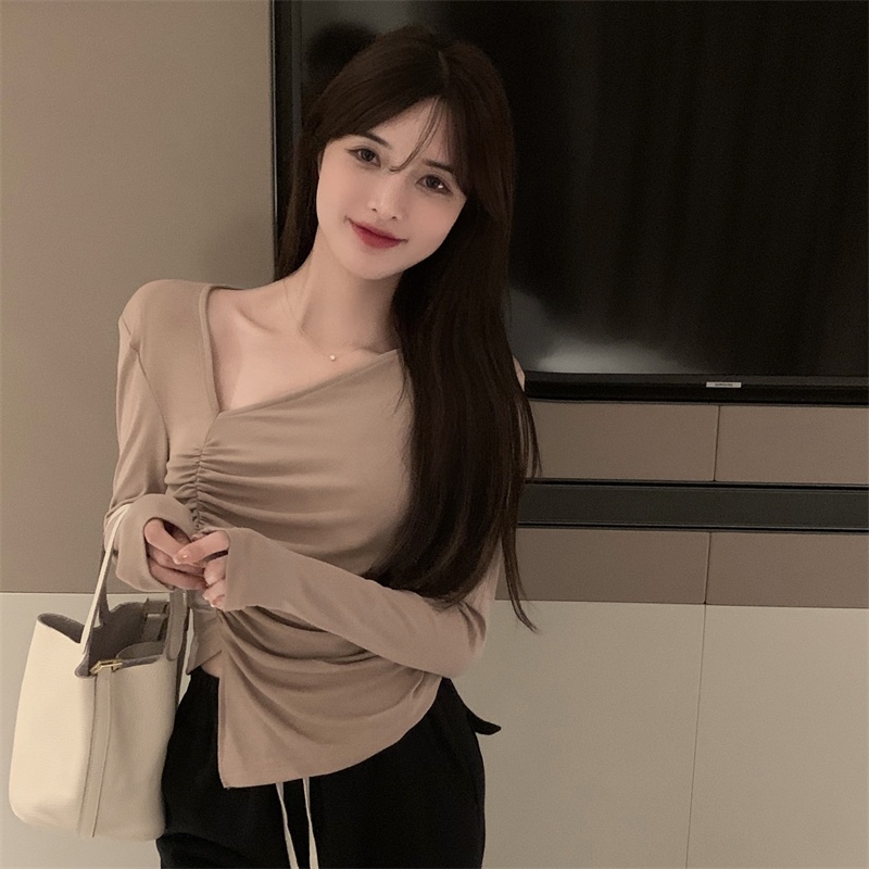 enamor kaos lengan panjang wanita musim semi bottoming kemeja lipatan tidak teratur atasan pendek su