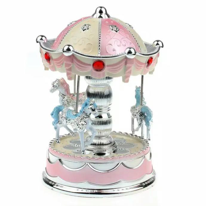 KOTAK MUSIK KUDA KOMEDI PUTAR / MUSIC BOX CAROUSEL - Merah Muda