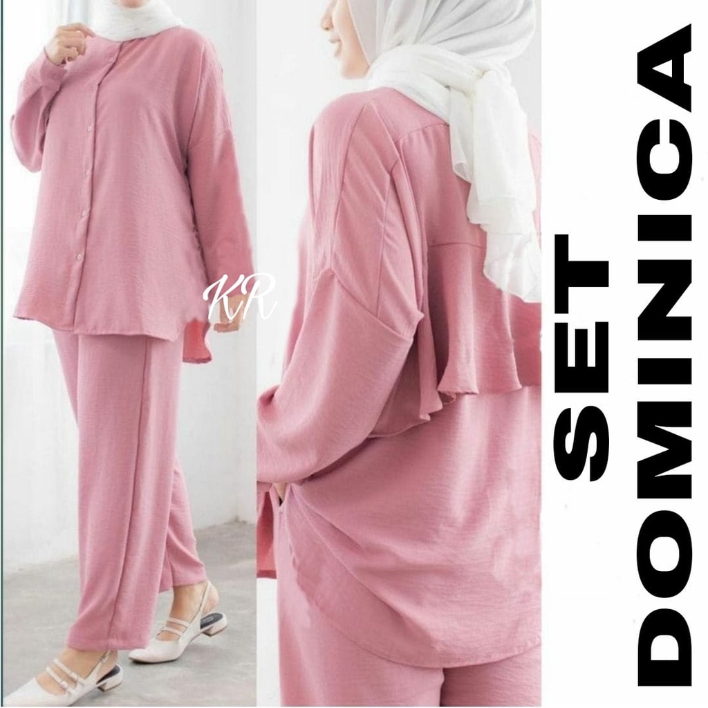 SET DOMINICA FASHION PAKAIAN WANITA SETELAN BAHAN MOSCREPE KR ADA VIDEO REAL PICT