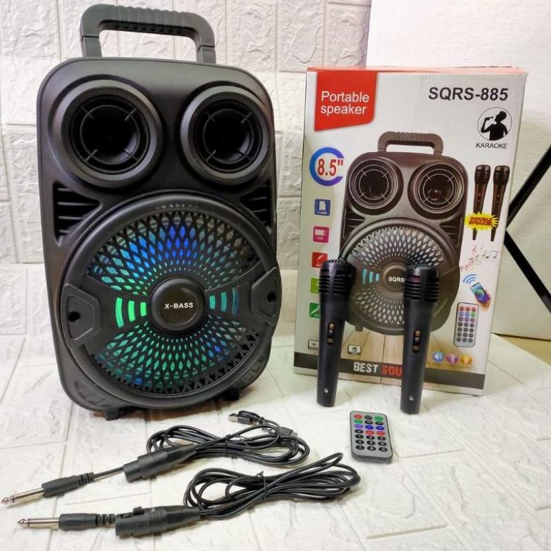 Speaker Bluetooth 8,5Inchi SQRS 885 Bonus 2 Microphone /Speaker Wireless Radio fm/Salon Aktif Super Bass Best Sound/Speaker Portable 8,5 Inchi aktif Speaker