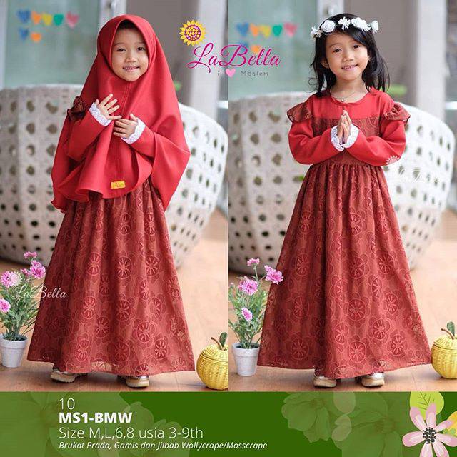 (3-9 tahun) MS1 BMW 10 Baju Muslim Gamis Anak LaBella Brukat Terracotta Merah Bata