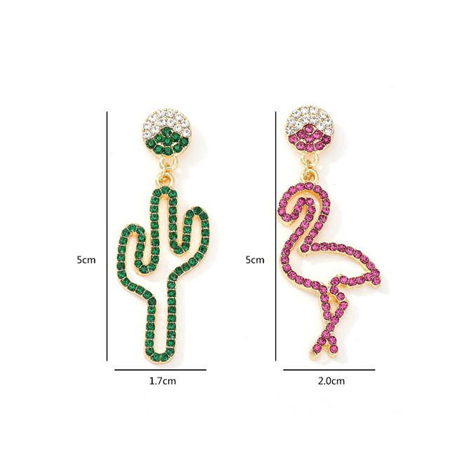 LRC Anting Tusuk Fashion Red + Green Asymmetric Colored Diamond Cactus Flamingo S925 Silver Needle