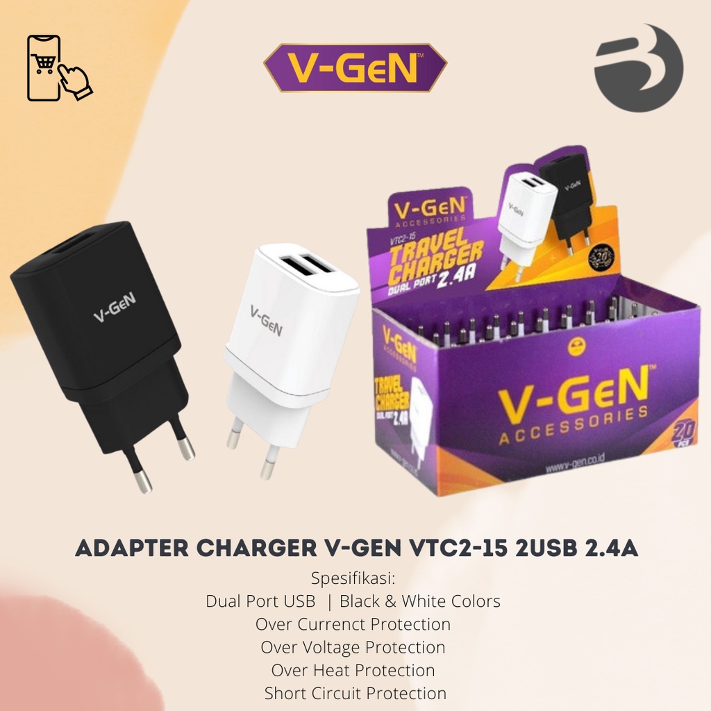 ADAPTER CHARGER V-GEN VTC2-15 2USB 2.4A ORIGINAL