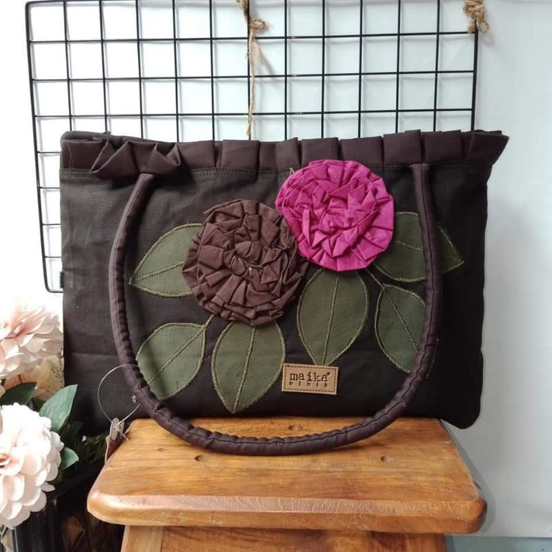 tas wanita tas bahu Maika etnik diskon totebag Rose couple brown
