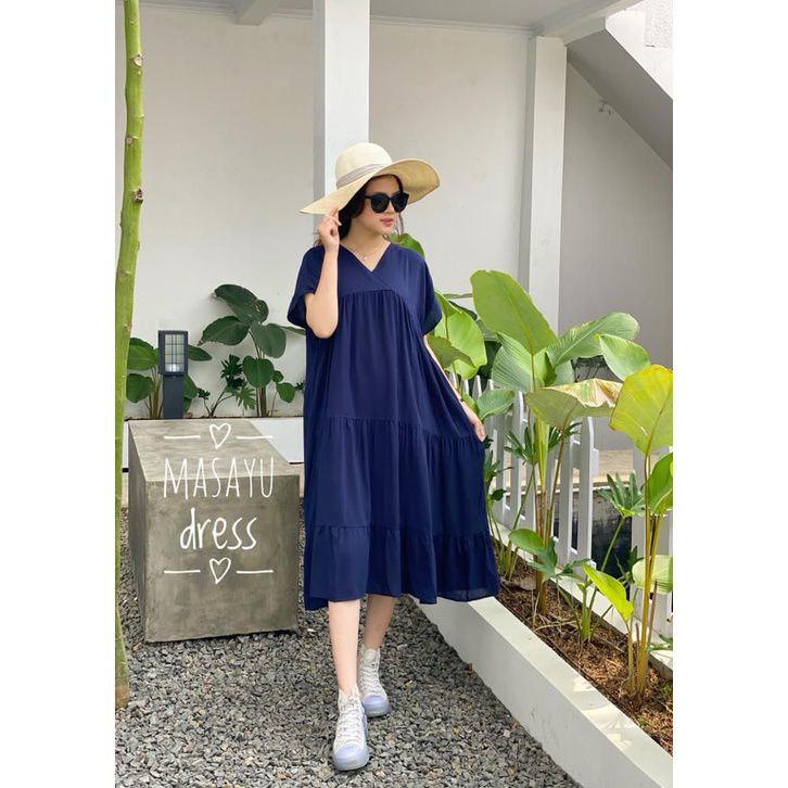 Dress Masayu - Dress Wanita Jumbo Rayon Premium Baju Wanita Polos Lengan Pendek Pakaian Casual Kekinian LD 115 cm