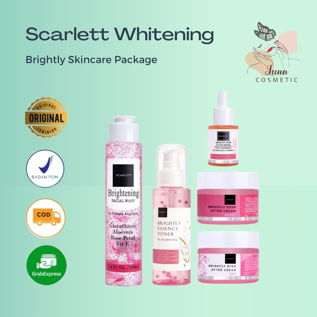 Scarlett Whitening Paket Brightly Series Toner Eseence Scarlet Serum Cream Day Night Facial Wash COD