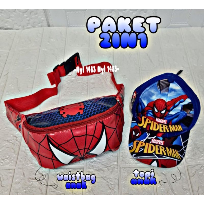 ( COD )Paket 2in1 Tas waistbag anak Karakter Boboiboy &amp; superhero + topi baseball anak