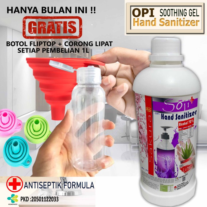 Hand Sanitizer Gel 1 Liter Sakura dll bonus Botol dan Corong cantik Produk OPI varian baru By Oke Sabun sudah ada izin edar resmi by Oke sabun suplayer