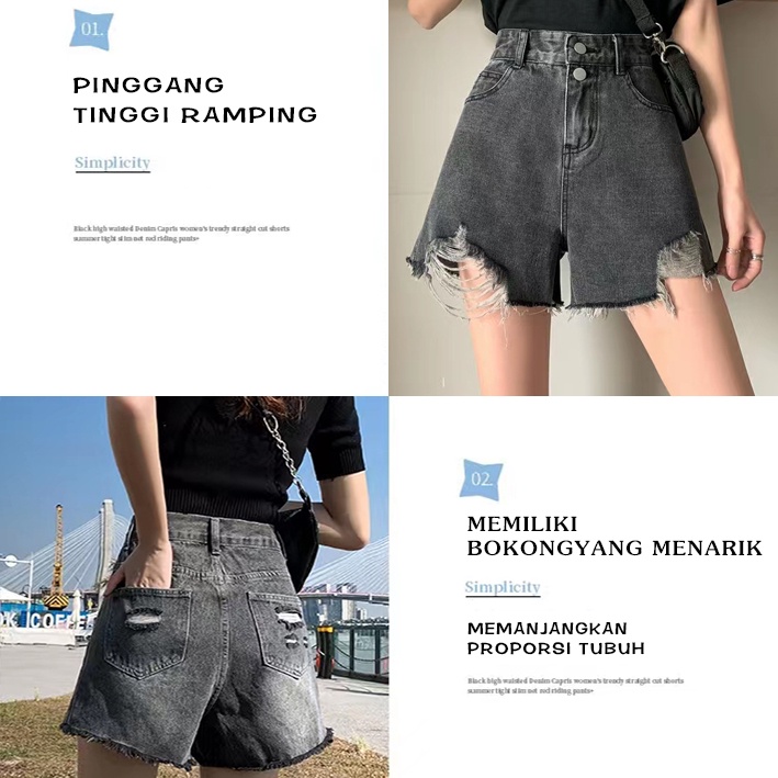 CEWEK_ID Celana hotpants jeans Pendek Denim Wanita Korean style ripped sobek Robek Pinggang Tinggi Fashion Hot Pants Abu-abu xl 2XL jens jins short