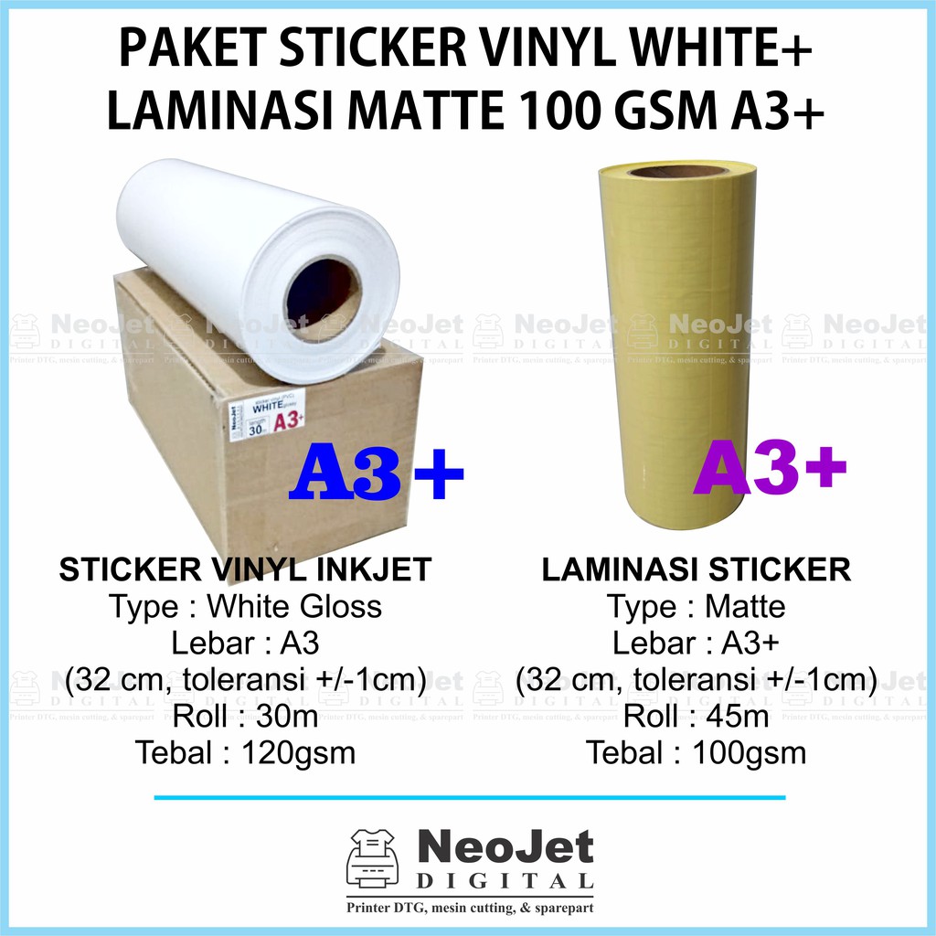 

Paket Sticker Stiker Vinyl Inkjet White Putih Laminasi Matte Doff Mate Buram 100 gsm A3+
