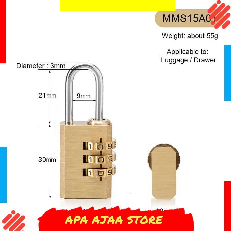 Paling Dicari ! KAK Gembok Koper Padlock 3 Digit Combination Solid Brass 21x53mm MMS15