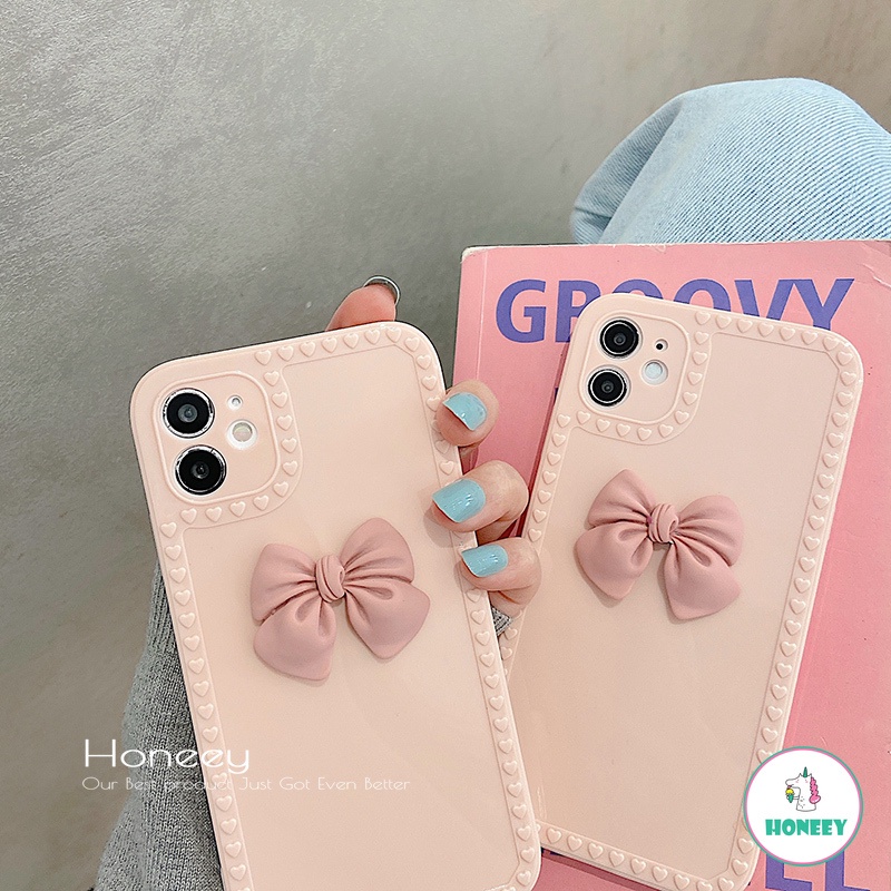 3D Cute Pink Bowknot Glossy Phone Case compatible for IPhone 12 11 Pro Max X XS Max XR 8 7 Plus Shock Resistant Soft TPU Back Cover