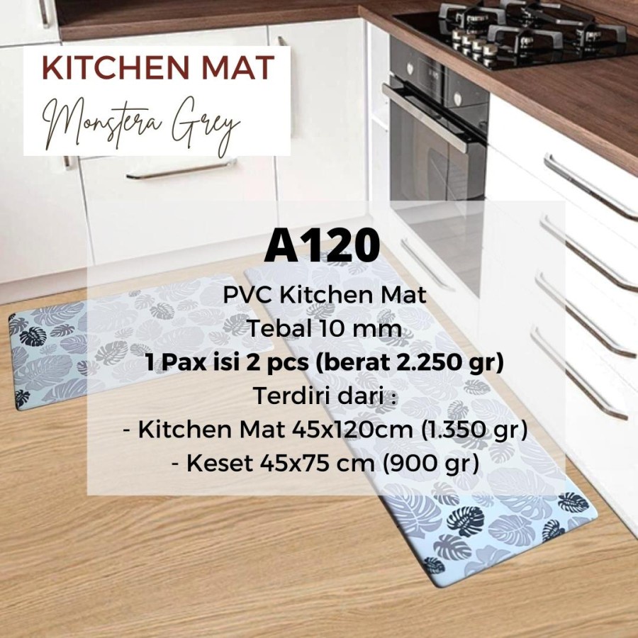 Exclusive Kitchen Mat 2 in 1 Keset Dapur Anti Slip Uk. 45x120 dan 45x75 All Design - A120-Monstera Grey