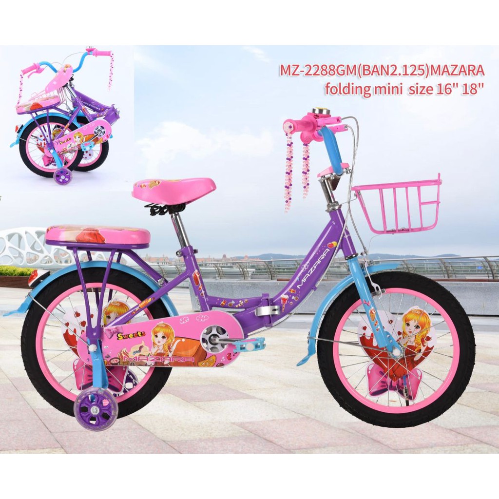 instan Sepeda Lipat Mini Anak Cewek Perempuan Pasific Mazara 16 18 Inch Folding Bocengan Keranjang Ungu Pink-2