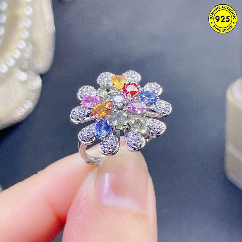 Cincin Model Terbuka Aksen Batu Sapphire Warna-Warni