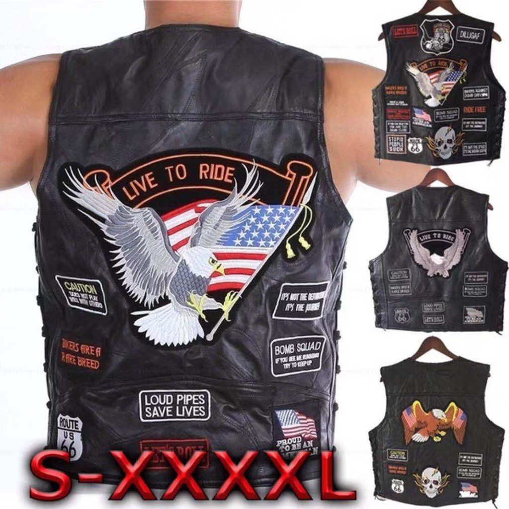 Jaket Rompi Kulit American Harley motorcycle riding vest Leather Vest men's leather shoulder embroid