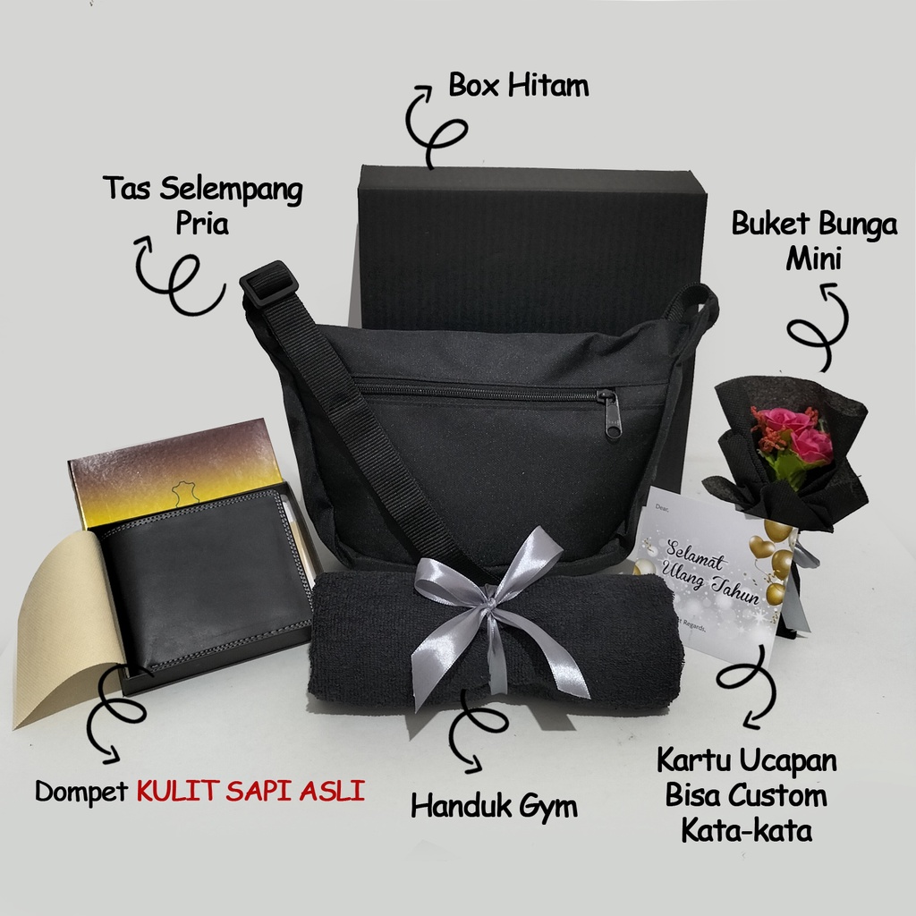 Hampers set kado tas pria serba hitam gift set kado ulang tahun wisuda pernikahan set tas dompet handuk pria