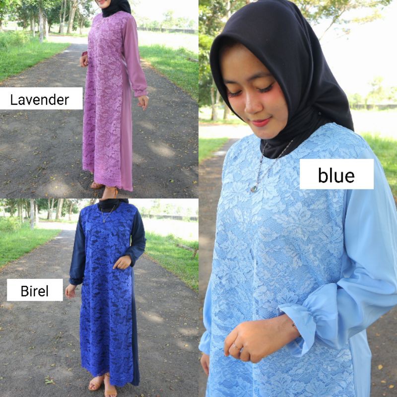 gamis tile brukat - polos murah berkualitas a line dress ungu biru muda birel baju kondangan simple