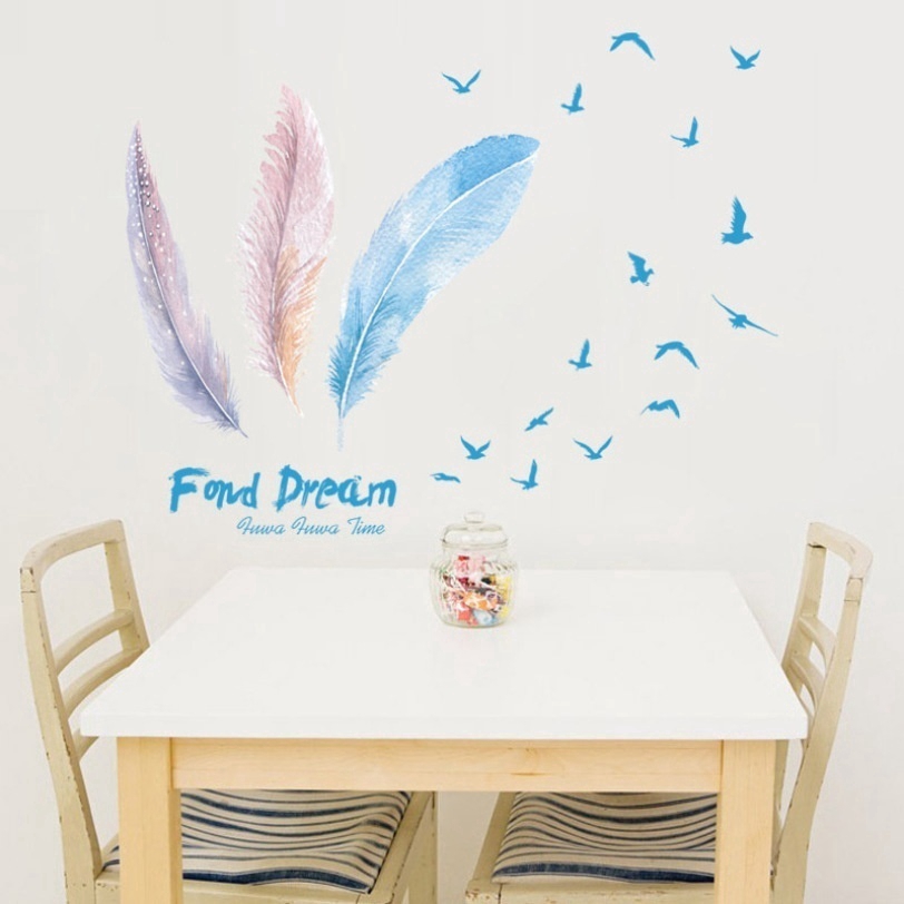 Romantic Colorful Feather Wall Stickers for Living Room Bedroom Decoration