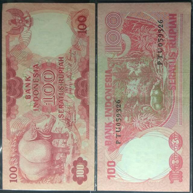 UANG KERTAS KUNO 100 BADAK TAHUN 1977