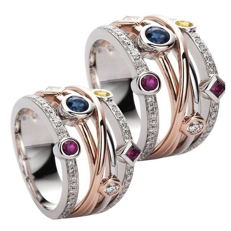 Cincin Berlian Penuh Permata Geometris Multi Baris Warna-Warni Untuk Wanita