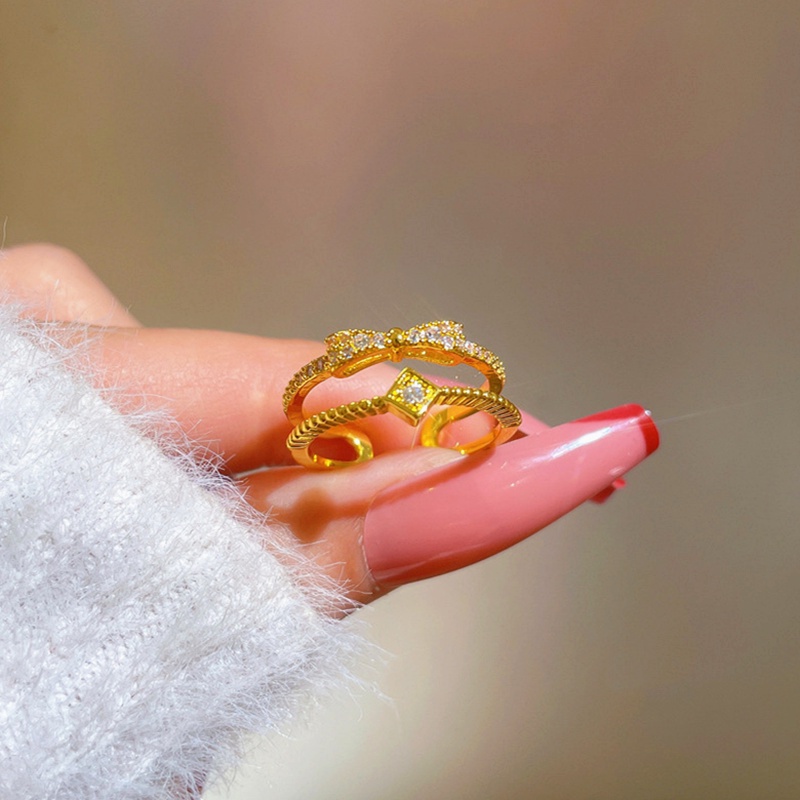 Cincin Titanium Wanita (Terbuka) Pita Cantik Berlian Lapis Emas 18K Perhiasan Korea