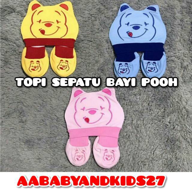 TOPI BAYI PLUS SEPATU LISTA BABY MOTIF BERUANG-TOPI SET LISTA PLUS SEPATU