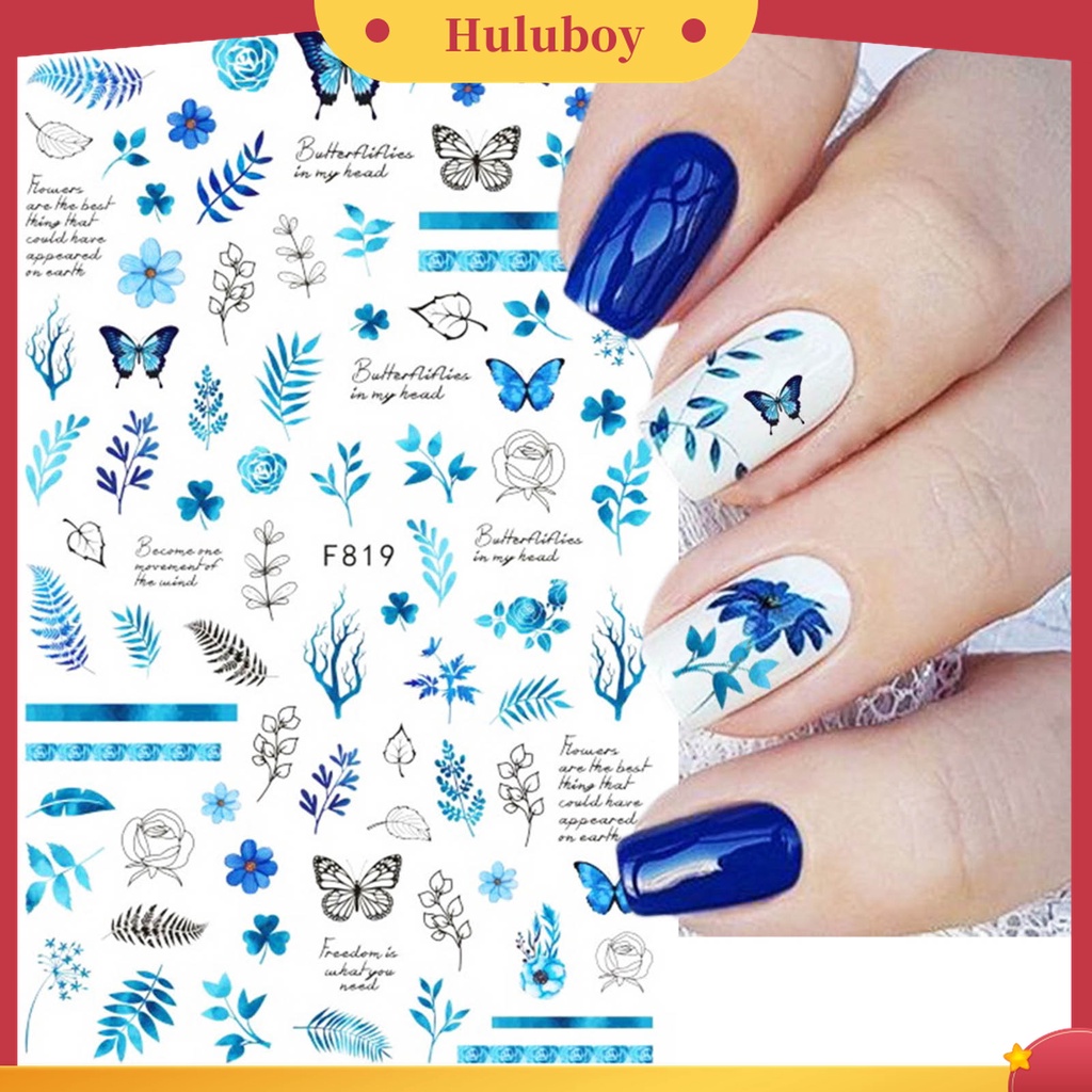 Huluboy Huluboy♡ Stiker Kuku Efek Glitter 3D Ultra Tipis Motif Daun Geometri Untuk Dekorasi Manicure