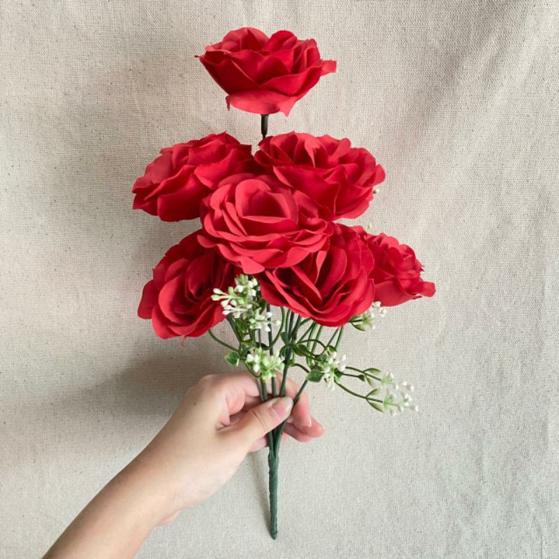 Bunga Mawar Impor Rose Paris Kombinasi x7 (satuan) Bunga Artificial / Bunga Plastik / Bunga Dekorasi-Merah