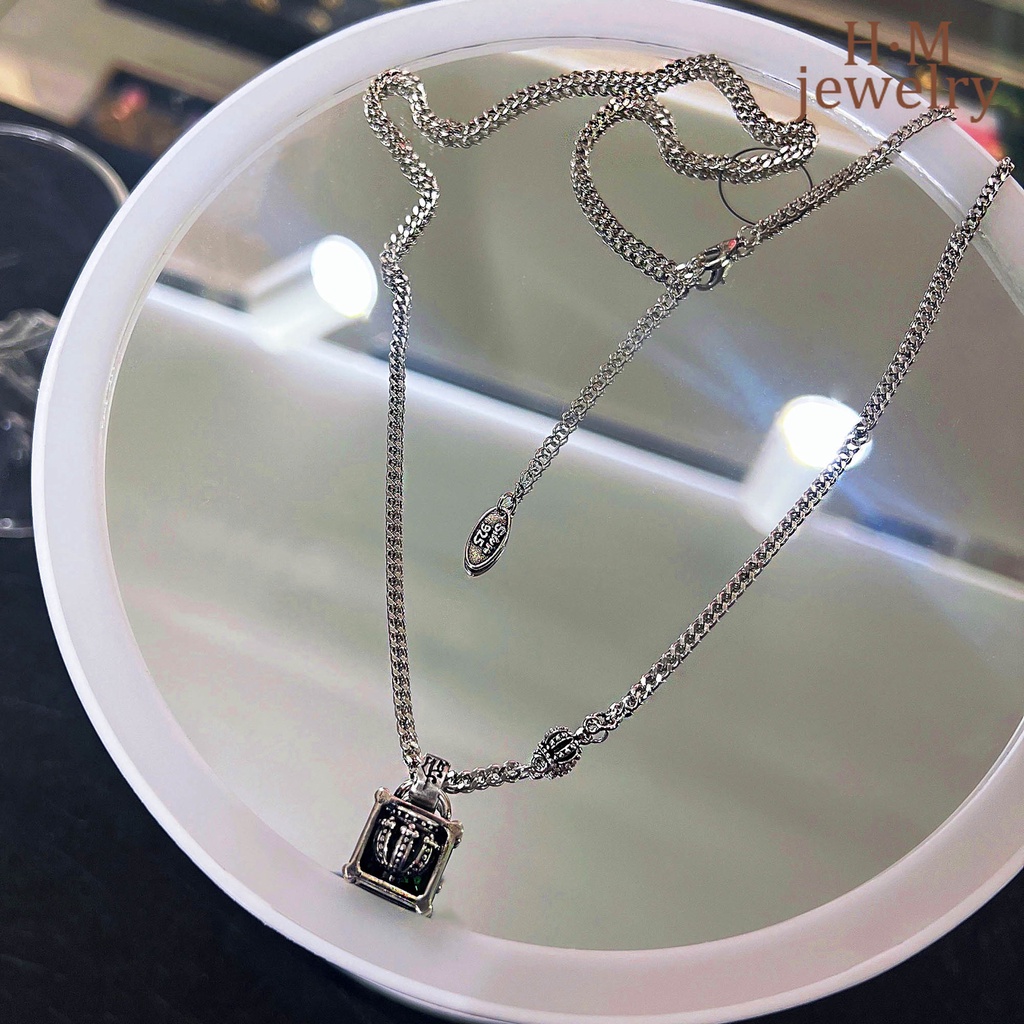 Kalung S925 Silver Bentuk Mahkota Hijau Bahan Zirkon Gaya Vintage