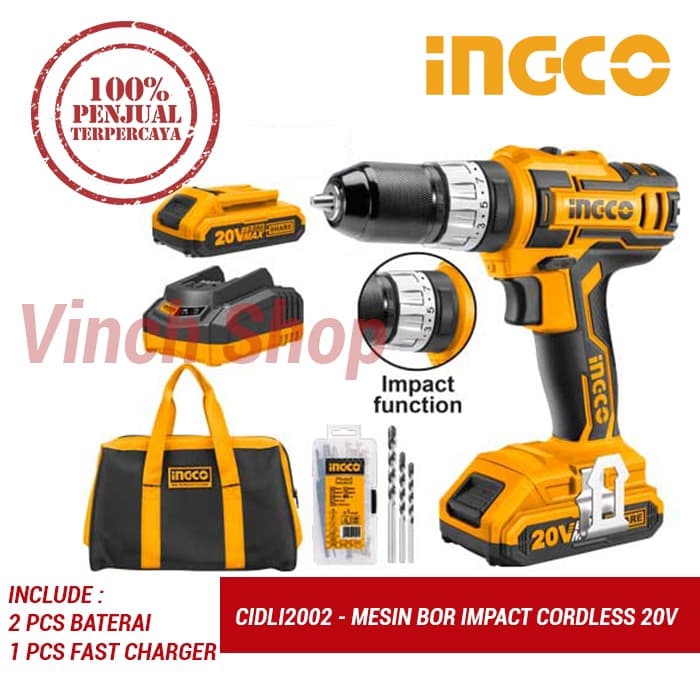 MESIN BOR TANGAN LISTRIK CORDLESS BATERAI IMPACT DRILL INGCO CIDLI2002