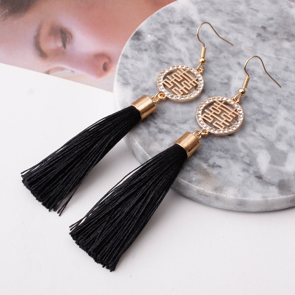 Model gaya Cina gaya retro meriah rumbai anting-anting double happiness panjang anting-anting keprib