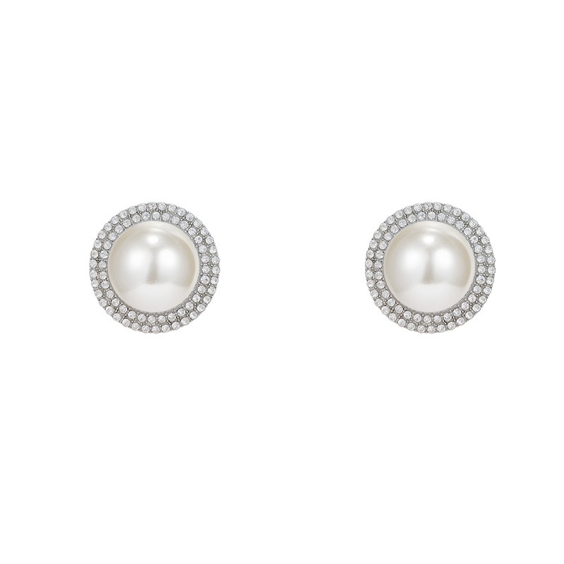 Anting Stud S925 Silver Bentuk Bulat Geometris Aksen Mutiara Berlian Imitasi Untuk Wanita