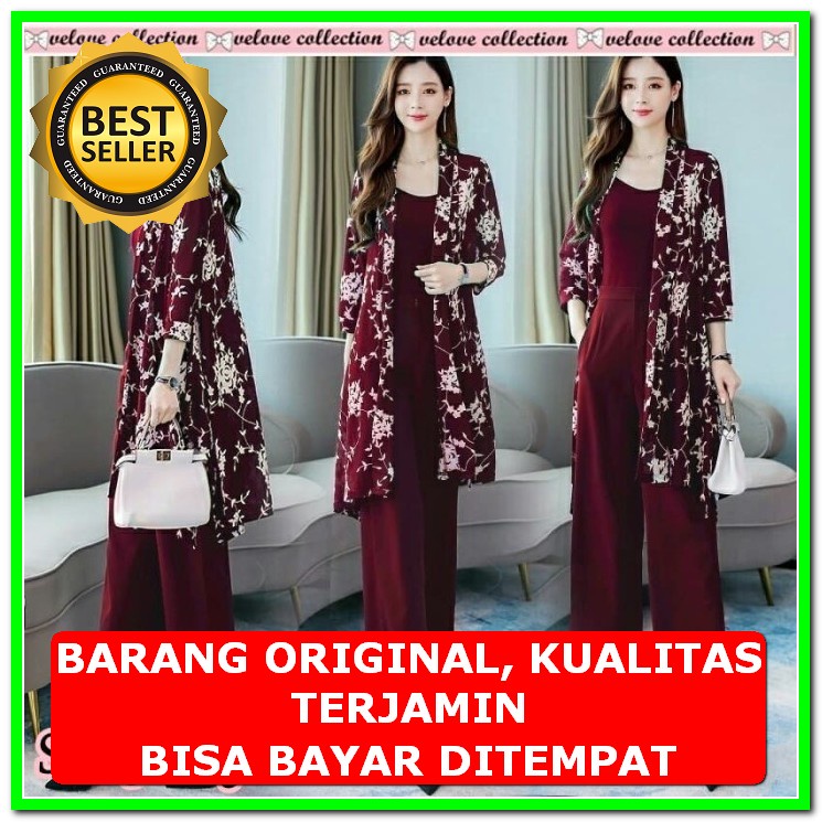 Veria Set Baju Setelan Wanita Terbaru 2023 Daily One Set Setcel J VT987 Set 3In1 Jasmine Flow Maron