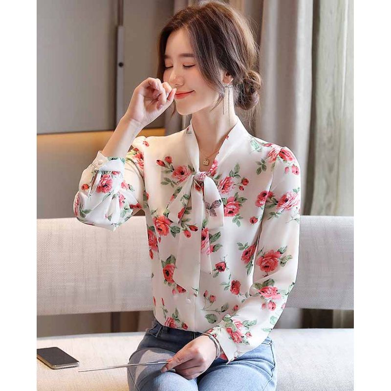 Blouse wanita putih motif bunga merah model kerah simpul pita cantik sifon Korea lengan panjang eleg